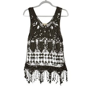 It's Our Time Crochet Tank Top Fringe‎ Sleeveless Festival Boho Olive Green M